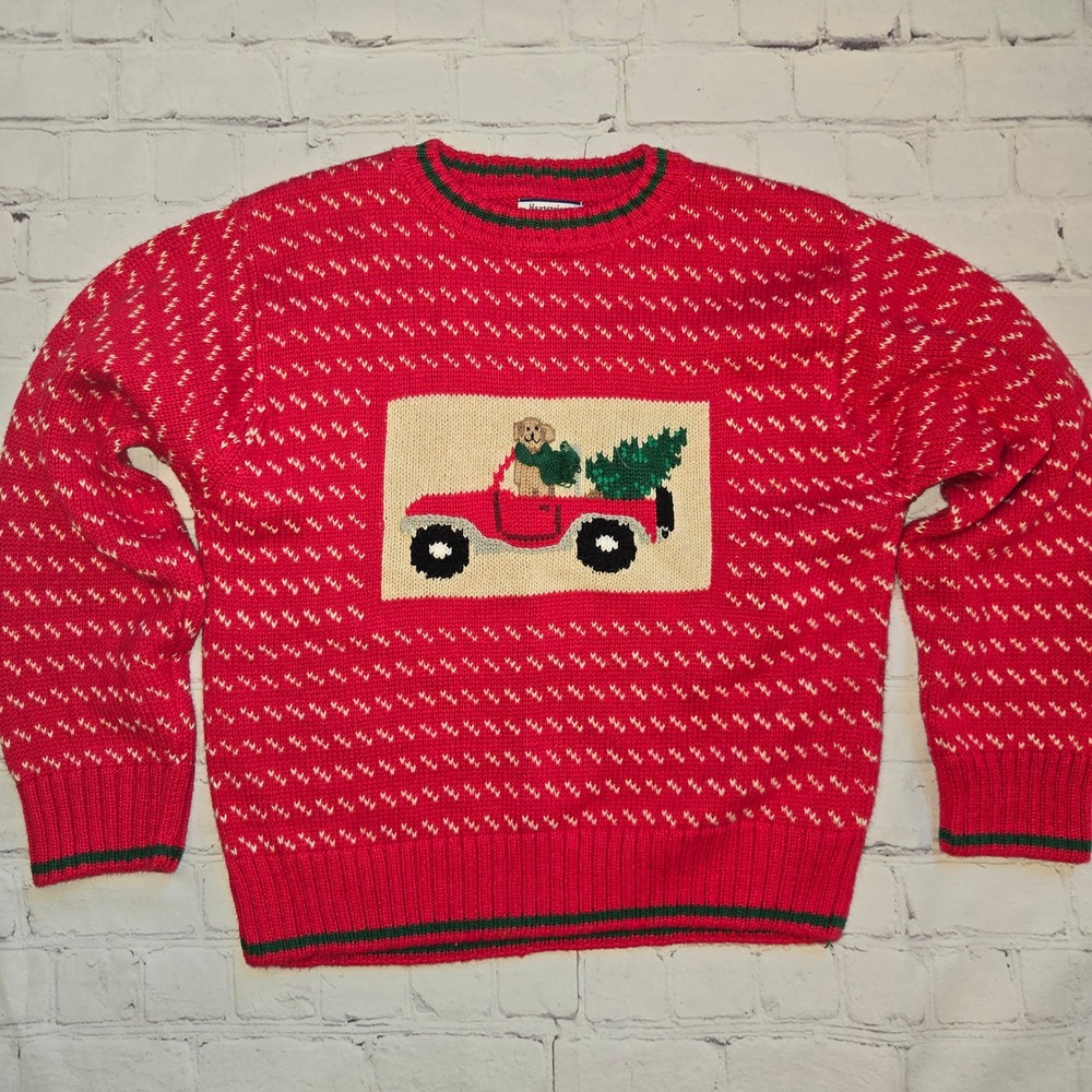 Hartstrings Kids Red Christmas Dog Truck Knit Sweater Size 7 Holiday Crewneck